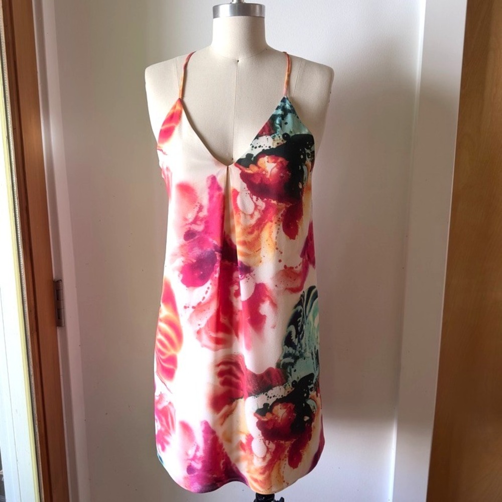 Alice + Olivia Silk Racerback A-line Slip Mini‎ Dress-Watercolor Floral-Size XS